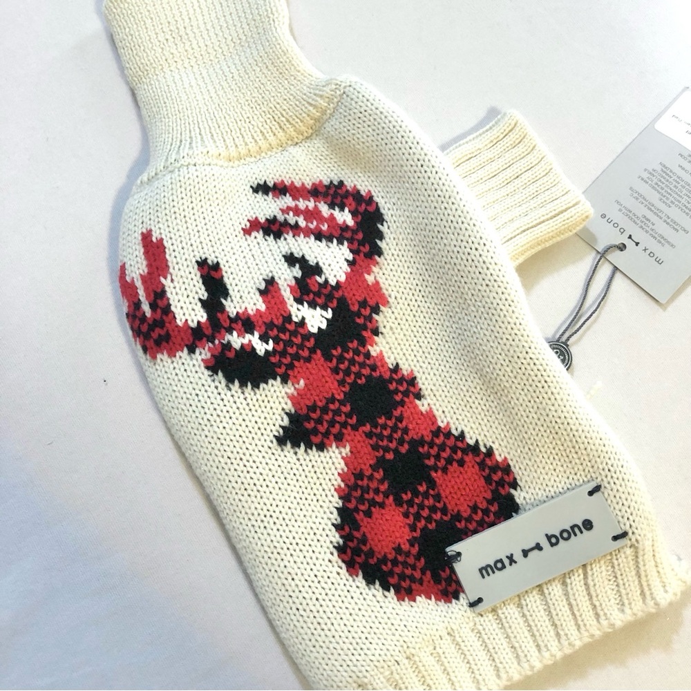 Max Bone Cream Plaid Buffalo Check Deer Holiday Dog Sweater Small
